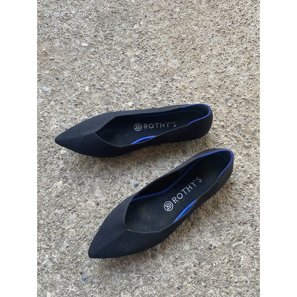 Rothy's Black Pointed Knit Flats with Blue Trim